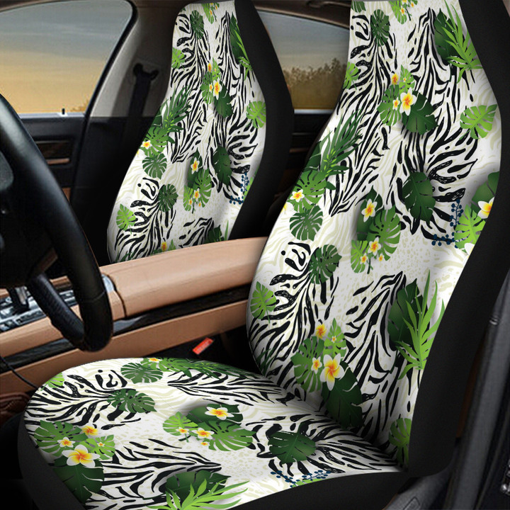 White Plumeria Flower And Monstera Leaf Over Zebra Skin Pattern Car Seat Cover