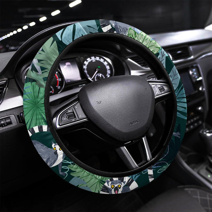 Seamless Pattern With Cute Lemurs And Leaves Printed Car Steering Wheel Cover
