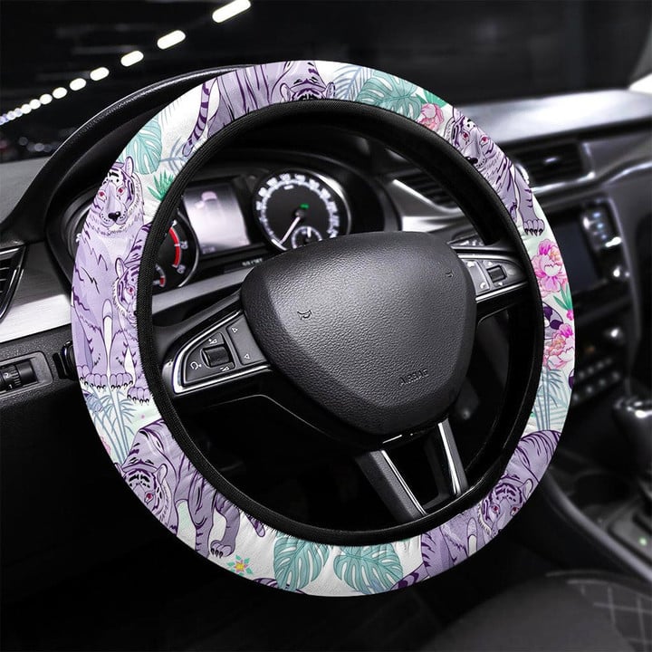 Seamless Pattern Ornament Of Tigers In Jungle Printed Car Steering Wheel Cover