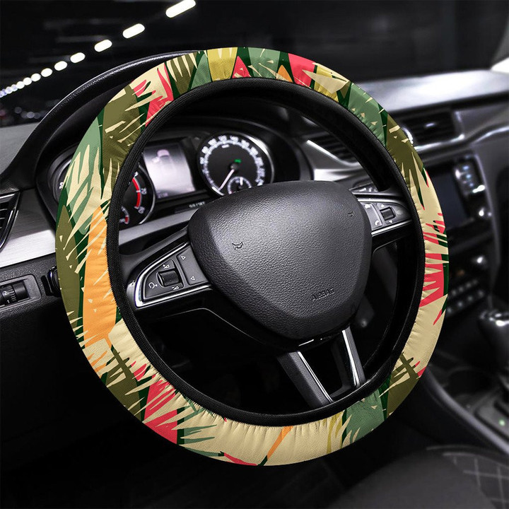 Abstract Seamless Pattern With Tropical Leaves Printed Car Steering Wheel Cover
