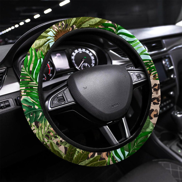 Seamless Leopard Skin Pattern With Tropical Leaves Printed Car Steering Wheel Cover