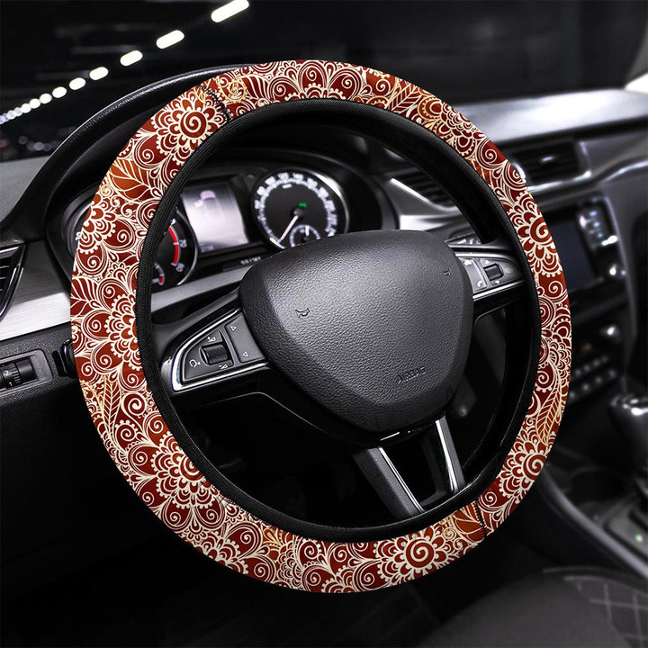 Floral Henna Tattoo Style Seamless Pattern Printed Car Steering Wheel Cover