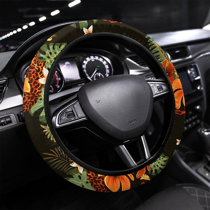 Tropical Seamless Pattern Tiger Palm Trees Printed Car Steering Wheel Cover