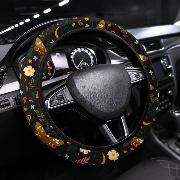 Seamless Pattern With Moths And Flowers Printed Car Steering Wheel Cover