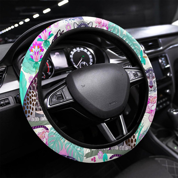 Seamless Pattern Ornament Of Leopards In Jungle Printed Car Steering Wheel Cover