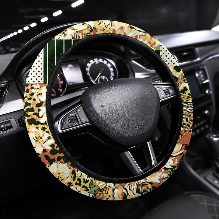 Flower Leaf Written Chain Wild Animal Skin Fabric Printed Car Steering Wheel Cover