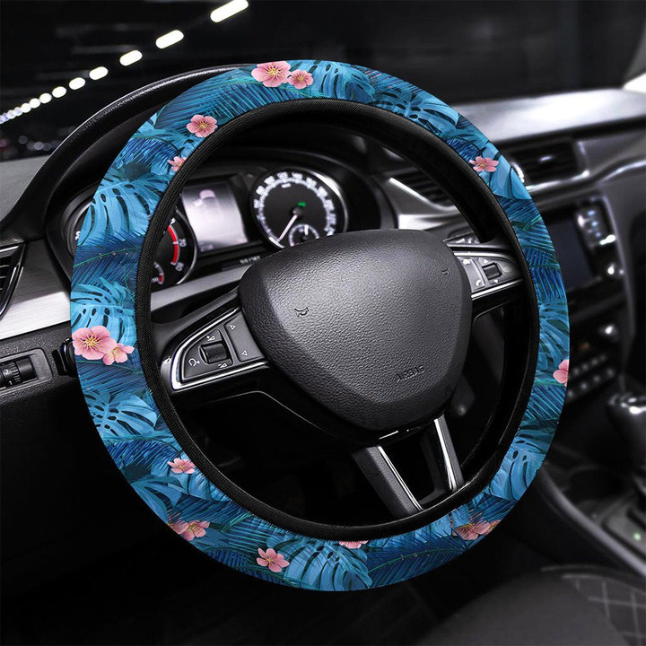 Seamless Background Of Tropical Leaves In Blue Printed Car Steering Wheel Cover