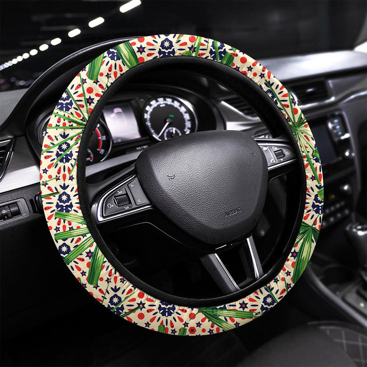 Tropical Leaves Seamless Pattern Abstract Printed Car Steering Wheel Cover