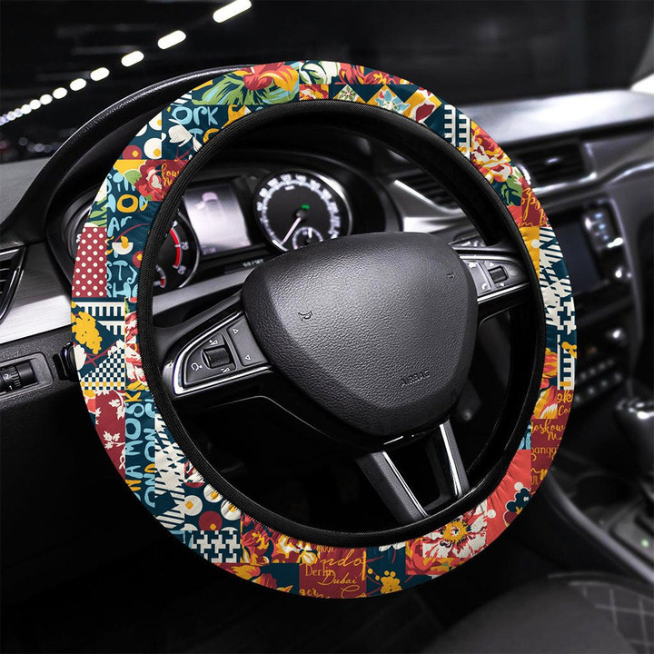 Abstract Floral Polka Plaid Patchwork Wallpaper Printed Car Steering Wheel Cover