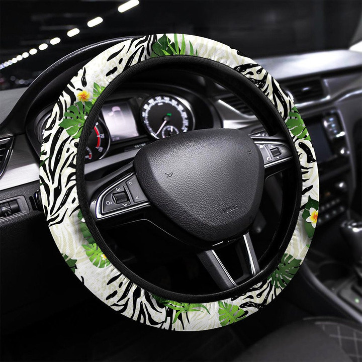 Zebra And Leaves Printed Car Steering Wheel Cover