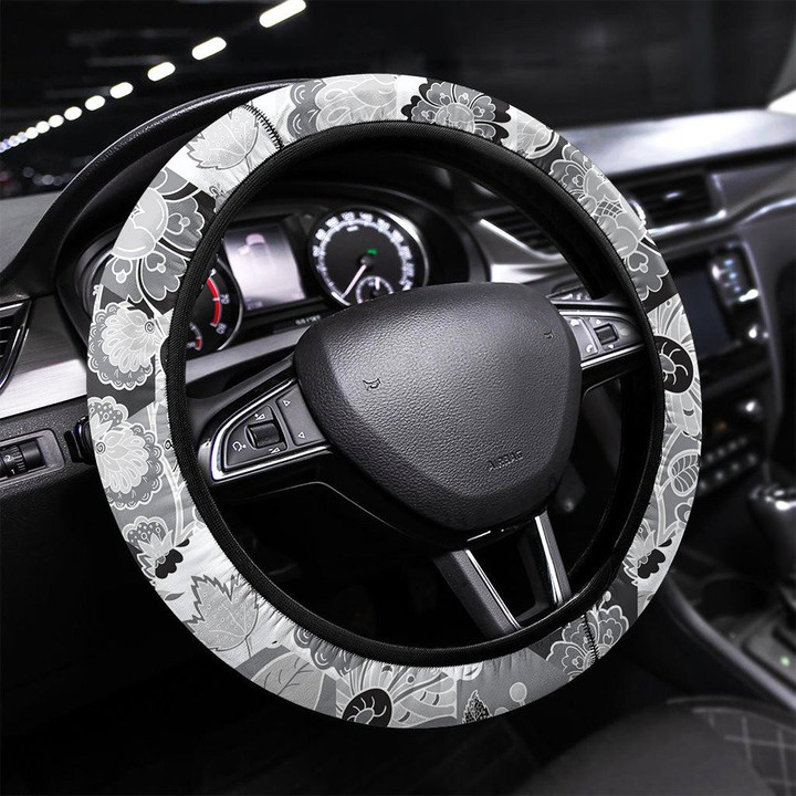 Floral Seamless Pattern Collection With Black Printed Car Steering Wheel Cover