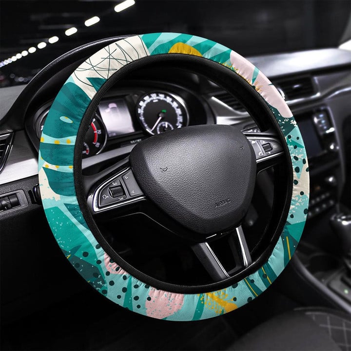 Tropical Flowers And Palm Leaves On Background Printed Car Steering Wheel Cover