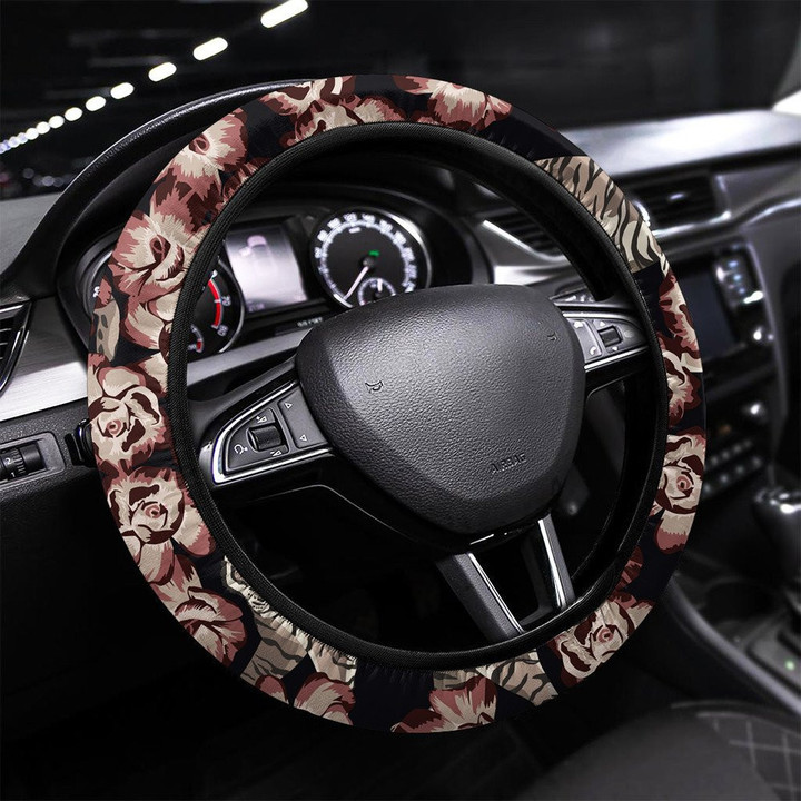 Pattern Chinese Tiger With Rose Black Background Printed Car Steering Wheel Cover