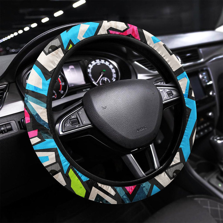 Industrial Graffiti Seamless With Grunge Effect Printed Car Steering Wheel Cover