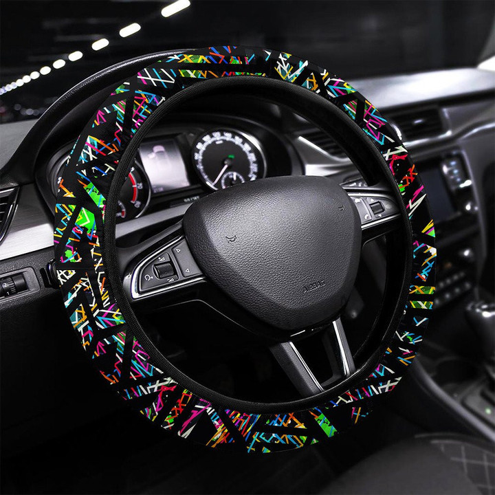 Neon Geometric Seamless Texture Printed Car Steering Wheel Cover