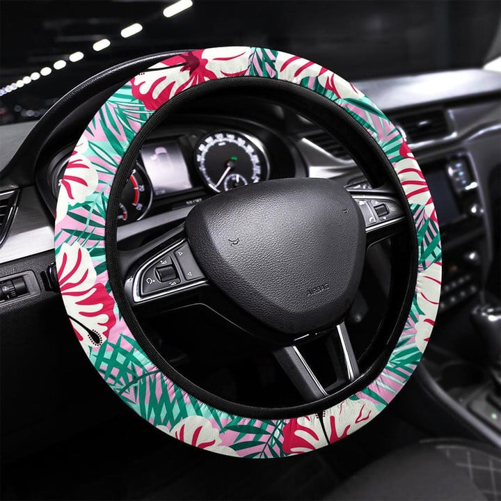 Tropical Pattern On Pink Printed Car Steering Wheel Cover