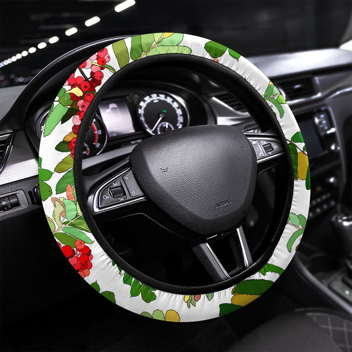 Beautiful Color Seamless Pattern With Red Berries Printed Car Steering Wheel Cover