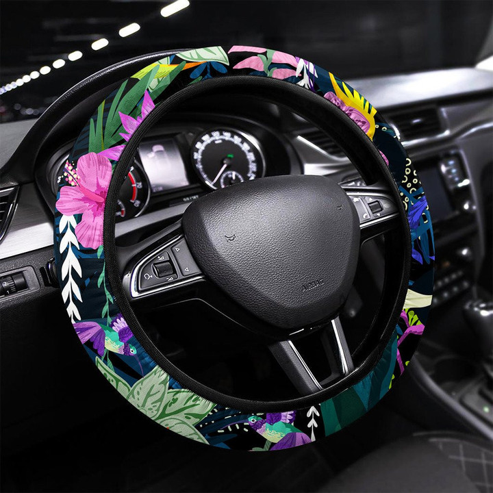 Tropical Seamless Pattern Hand Drawn Art Printed Car Steering Wheel Cover