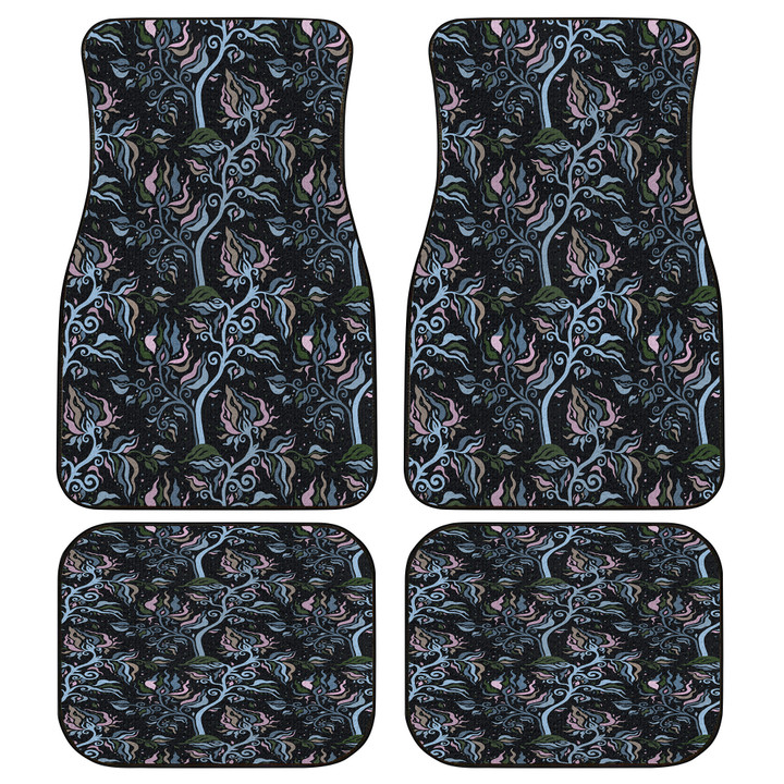 Blue And Pink Line Tropical Flower Tree Plant Black Theme All Over Print Car Floor Mats