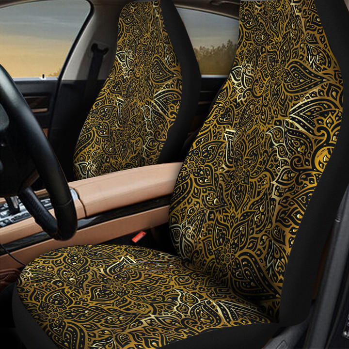 Gold Line Tropical Mirrored Flower Paisley Pattern Black Theme All Over Print Car Seat Cover
