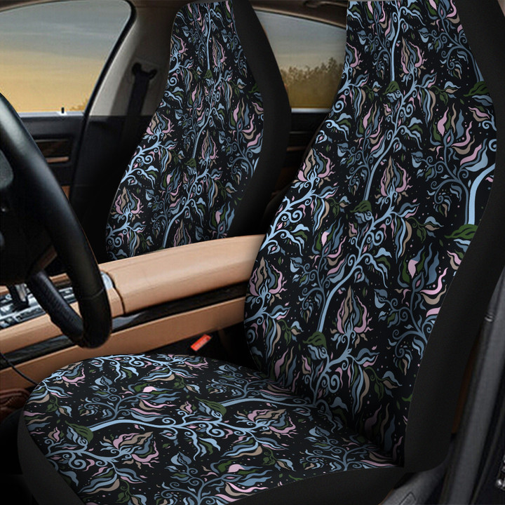 Blue And Pink Line Tropical Flower Tree Plant Black Theme All Over Print Car Seat Cover