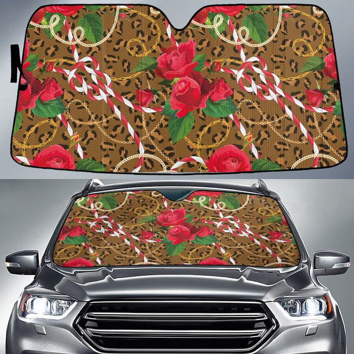 Red Roses Flower Over Ball Chain Brown Leopard Skin Theme Car Sun Shades Cover Auto Windshield