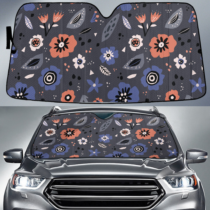 Blue And Orange Hibiscus Flower Grey Theme Car Sun Shades Cover Auto Windshield