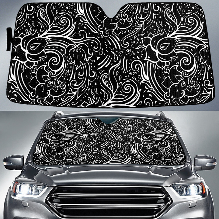 Black And White Line Tropical Flower Wave Pattern Black Theme Car Sun Shades Cover Auto Windshield