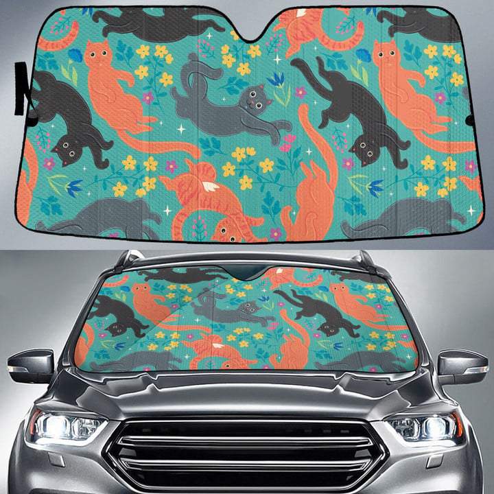 Funny Cats In Black Grey And Orange Green Theme Car Sun Shades Cover Auto Windshield