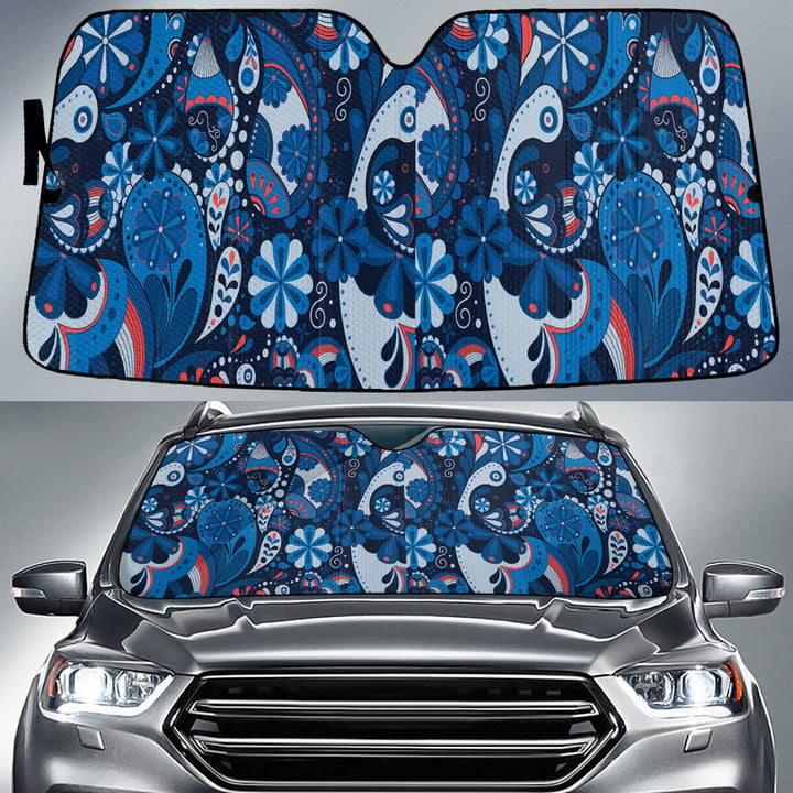 Blue Tone Flower And Leaf Paisley Pattern Skin Car Sun Shades Cover Auto Windshield