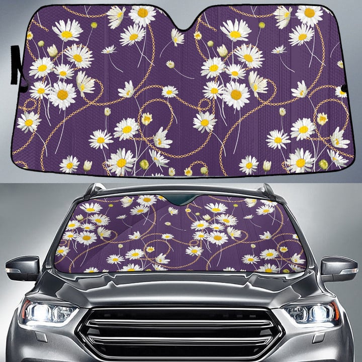 White Daisy Flower Wildflower Ball Chain Purple Theme Car Sun Shades Cover Auto Windshield