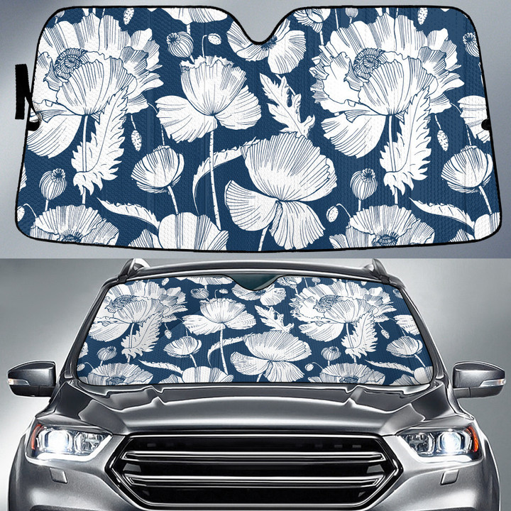 White Lotus Flower And Its Buds Navy Theme Car Sun Shades Cover Auto Windshield