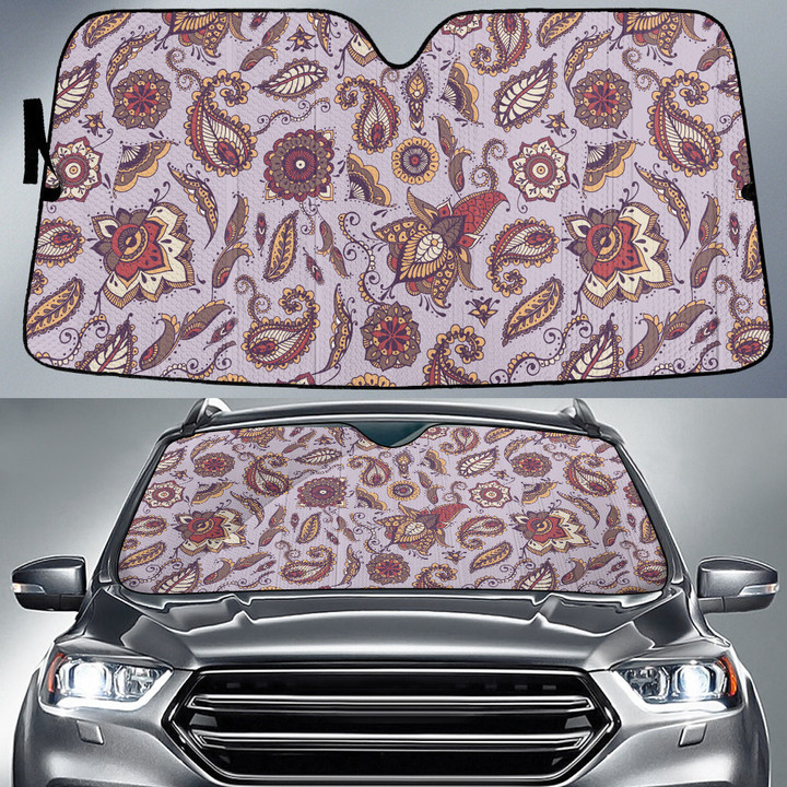 Red Paisley Flower Pattern Light Purple Theme Car Sun Shades Cover Auto Windshield