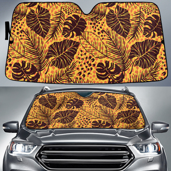 Tropical Leaves Over Orange Tone Leopard Skin Texture Car Sun Shades Cover Auto Windshield