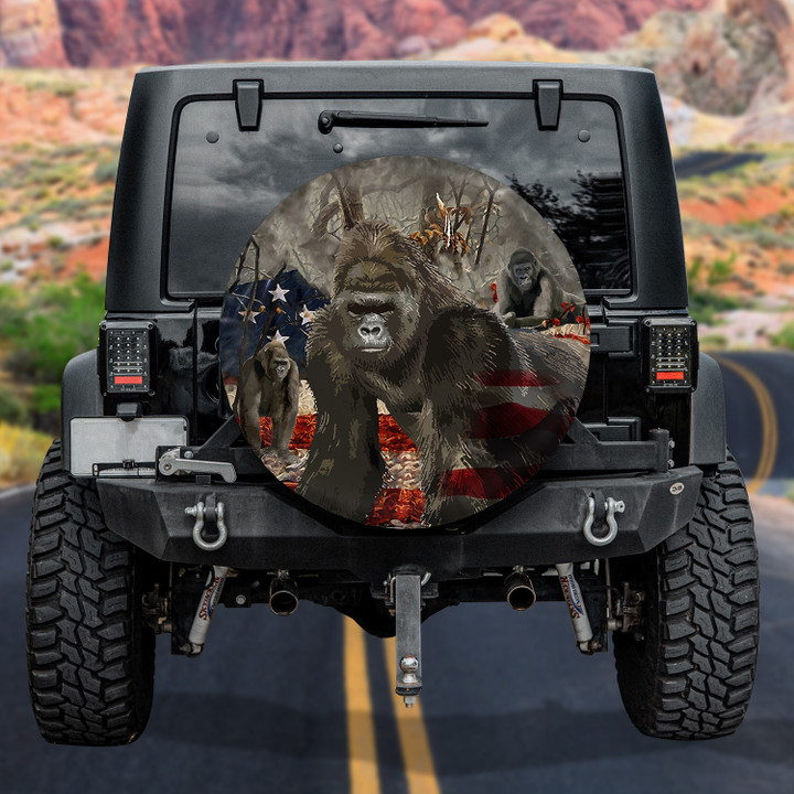Vintage Great Gorilla In Forest Hand Drawn American Flag Pattern Printed Car Spare Tire Cover