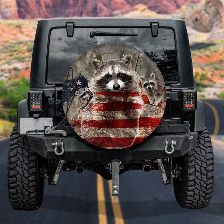 Vintage Great Raccoon In Forest Hand Drawn American Flag Pattern Printed Car Spare Tire Cover