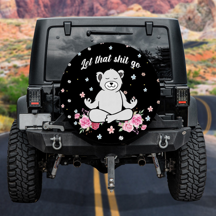 Funny Yoga Bear Namaste Flower Pattern Black Theme Printed Car Spare Tire Cover