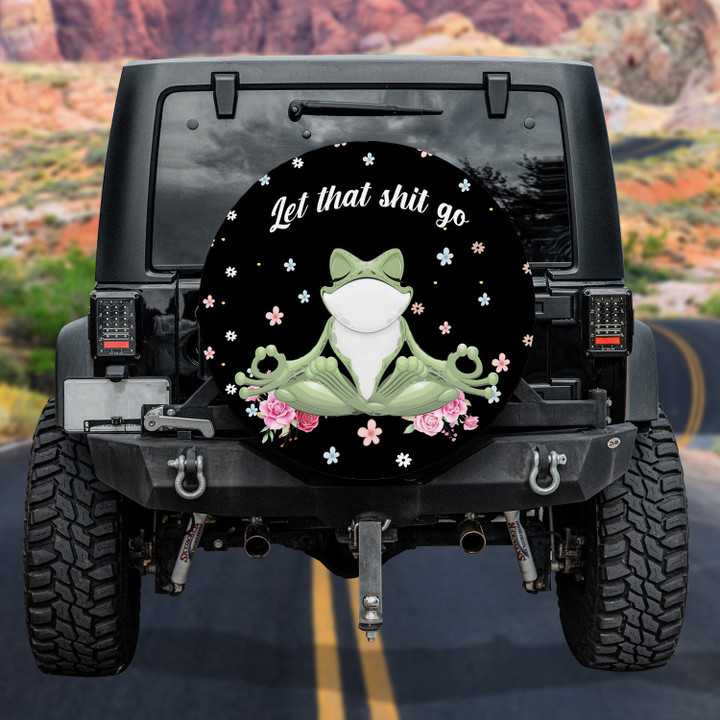 Funny Yoga Frog Namaste Flower Pattern Black Theme Printed Car Spare Tire Cover