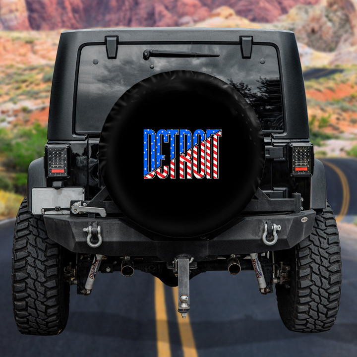 Detroit American Flag Pattern Black Printed Car Spare Tire Cover