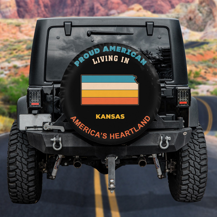 Proud American Living In Kansas American Flag Black Theme Printed Car Spare Tire Cover
