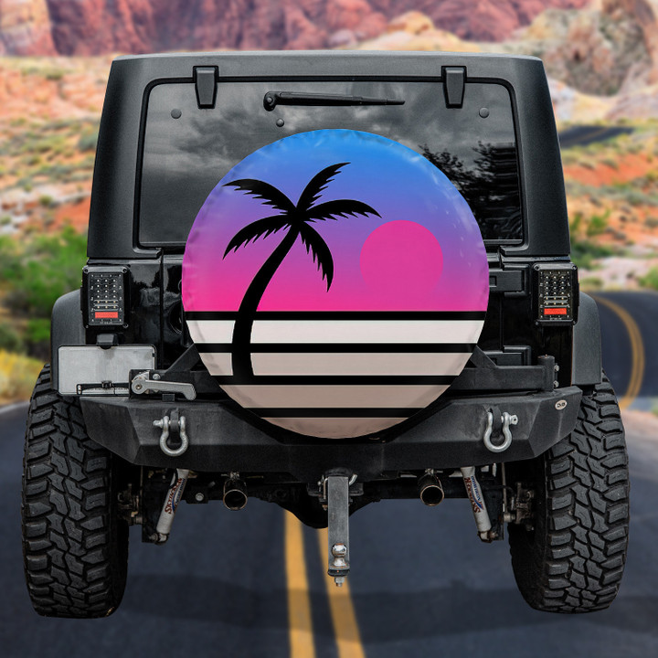Pinky Ombre Vintage Sunset Coconut Palm Tree Summer Vibe Printed Car Spare Tire Cover