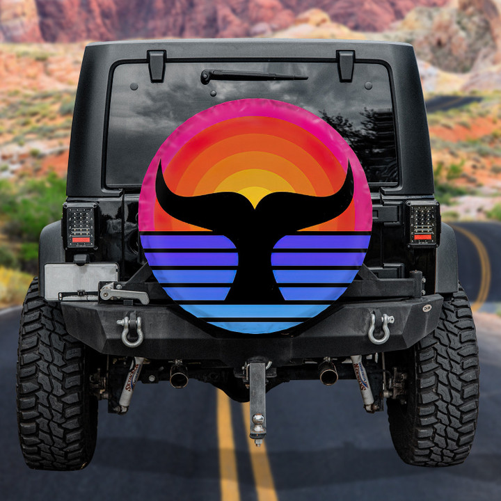 Stylized Orange And Blue Ombre Sunset And Wavy Line Whale Whale Printed Car Spare Tire Cover