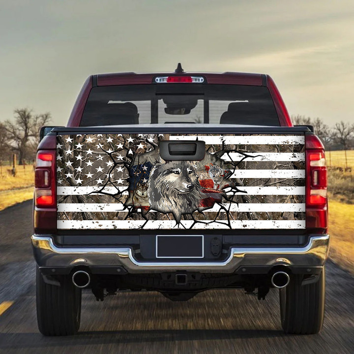 Wolf Break Black And White USA Flag Truck Tailgate Decal Car Back Sticker