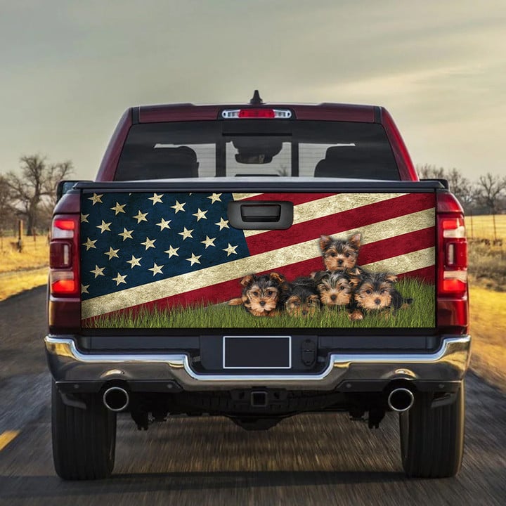 Yorkshire Dogs USA Flag Truck Tailgate Decal Car Back Sticker