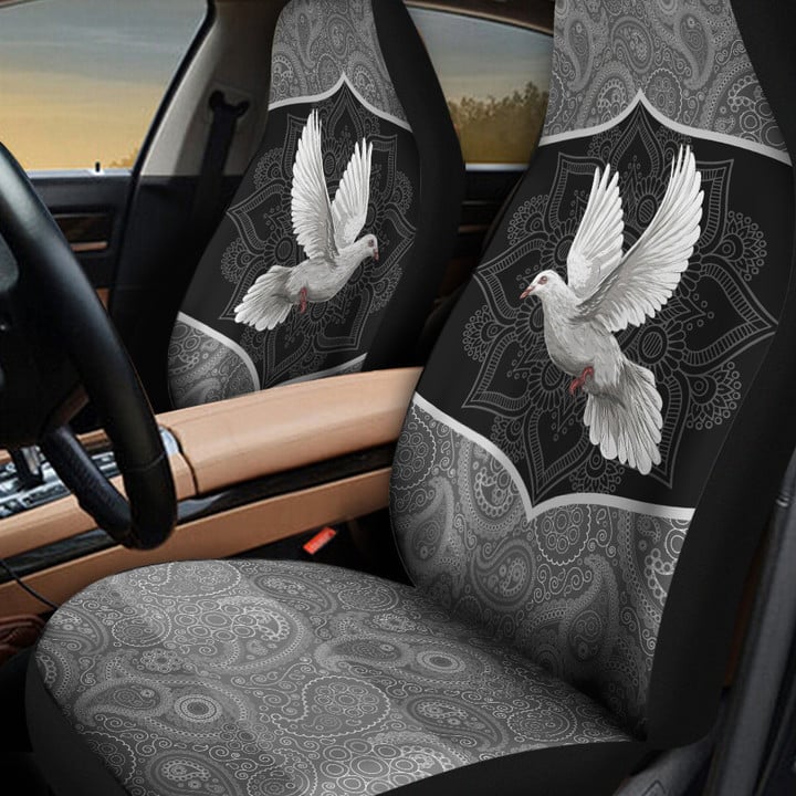 White Flying Pigeon Floral Circle Pattern On Grey Background Car Seat Covers