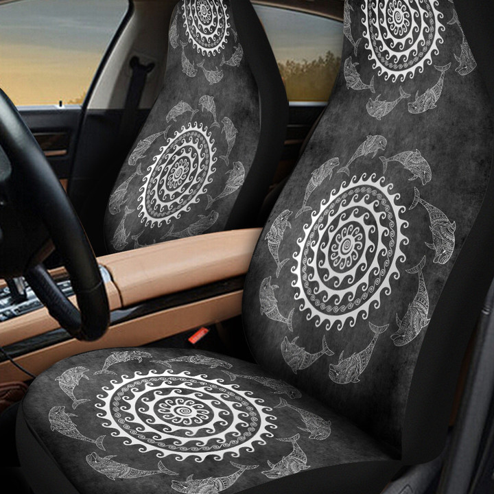 Dolphin Decorations Around Circle Swirl On Black Background Car Seat Covers