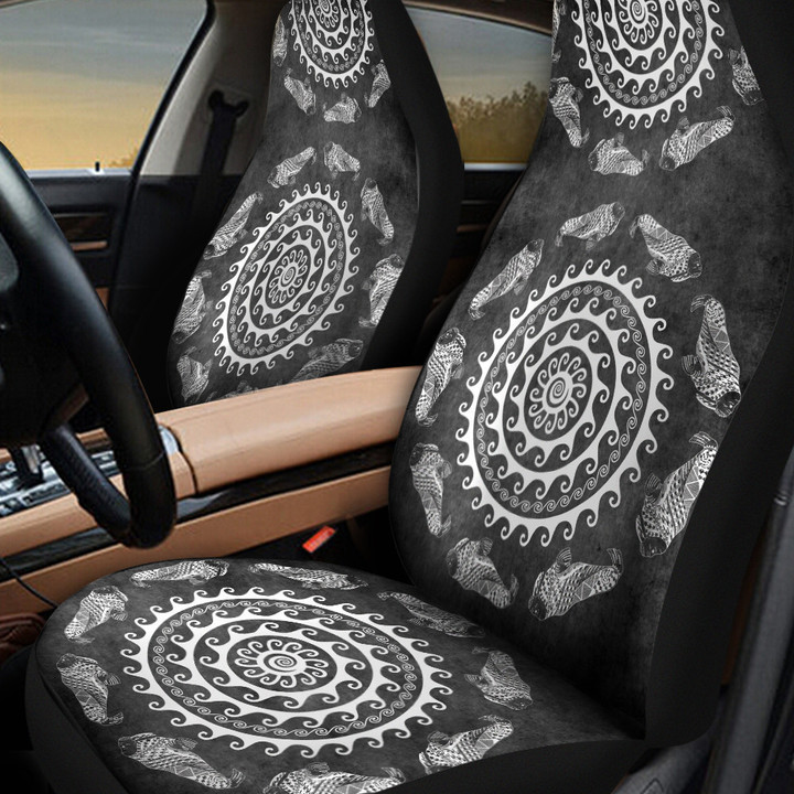 Sea Lion Drawing Decorations Around Circle Swirl On Black Background Car Seat Covers
