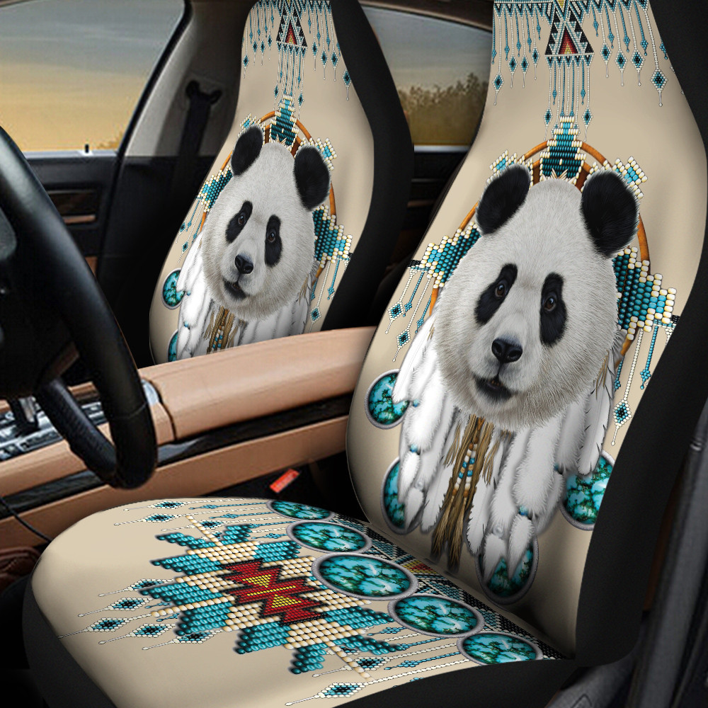 Panda Warbonnet Green Yellow Dots Native American Pattern Skin Color Background Car Seat Covers