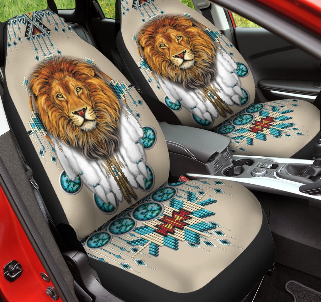 Giant Lion Face Warbonnet Green Yellow Dots Native American Pattern Skin Color Background Car Seat Covers