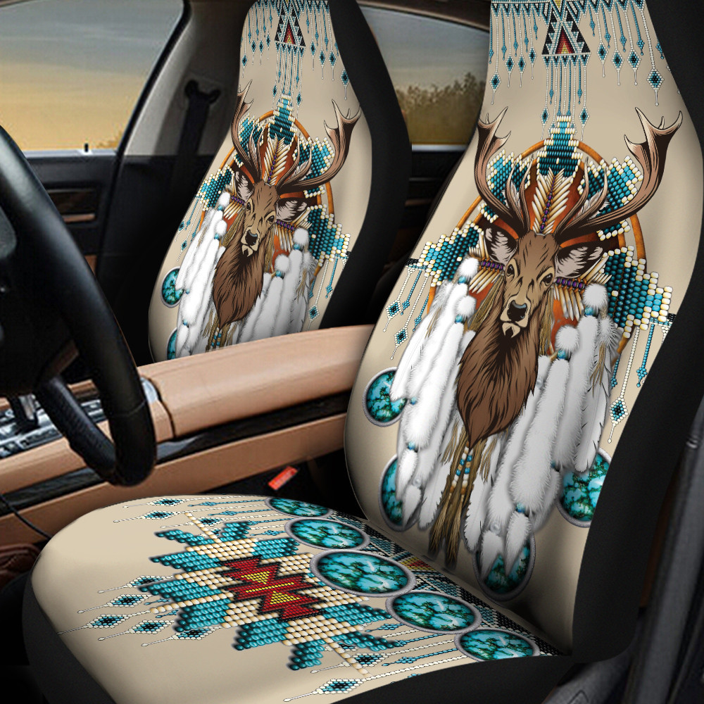 Reindeer Wearing Warbonnet Green Yellow Dots Native American Pattern Skin Color Background Car Seat Covers